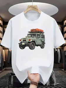 Men's Cartoon Jeep Print Round Neck Tee, Regular Fit Casual Short Sleeve T-shirt for Summer, Men's Top for Casual Everyday Wear, Tropical