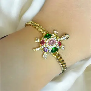 Gold Filled 14K Multicolored Diamond Turtle Bracelet Size 8”