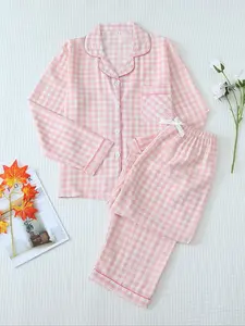 Two-Piece Set Women's Plaid Print Lapel Neck Pocket Shirt & Bow Decor Pants Pyjama, Long Sleeve Button Up Top & Trousers PJ Set, Women's Sleepwear for Spring & Fall