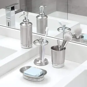 Steel Toothbrush Holder Stand - The York Collection with Four Divided Compartments, 3.25” x 3.25” x 5.75”, Brushed Nickel & Polished Chrome Finish