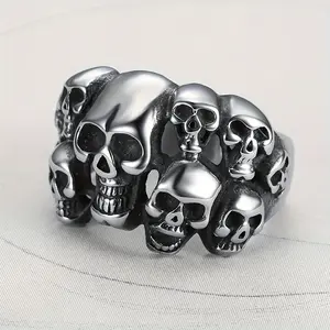 Punk Hip-hop Stainless Steel Multi Headed Skull Head Men's Ring Fashionable and Cool Nightclub Ring Jewelry Accessories