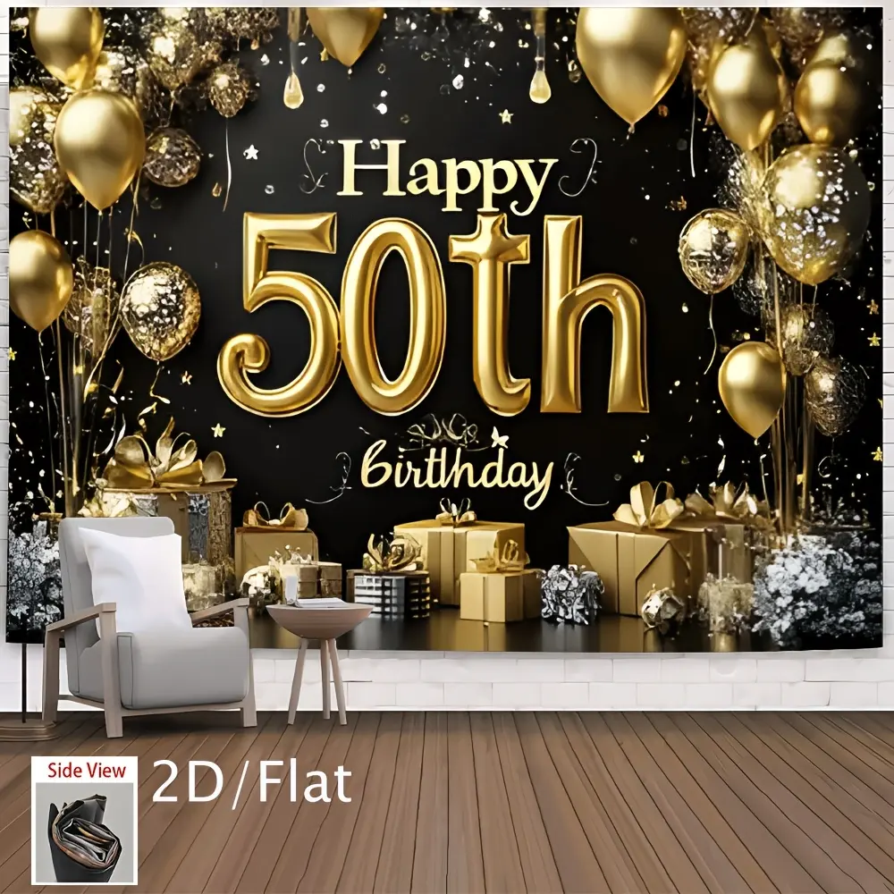 1pc Durable Reusable Polyester 50th Birthday Backdrop - Glamorous Golden Balloons, Gift Boxes, Easy Setup, No Electricity Needed, Indoor/Outdoor Decor Banner for Anniversary, Wedding