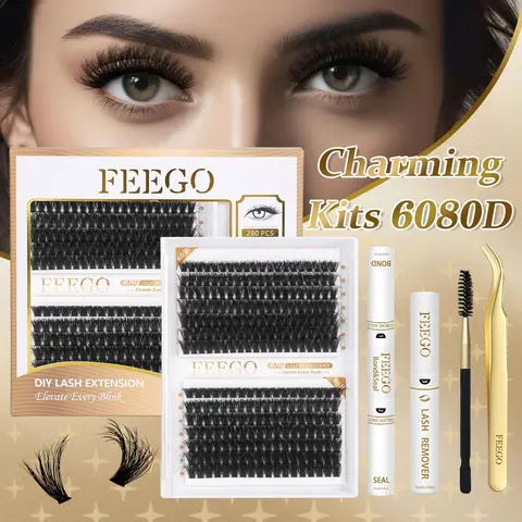 FEEGO Fluffy D-Curl Cluster Lashes Kit for Adults, 280Pcs 60D-80D 10-18MM Doll Look DIY Cosmetic Eyelash Extensions Set with Tweezers, Eyelash Brush, Remover, Bond & Seal, Glue
