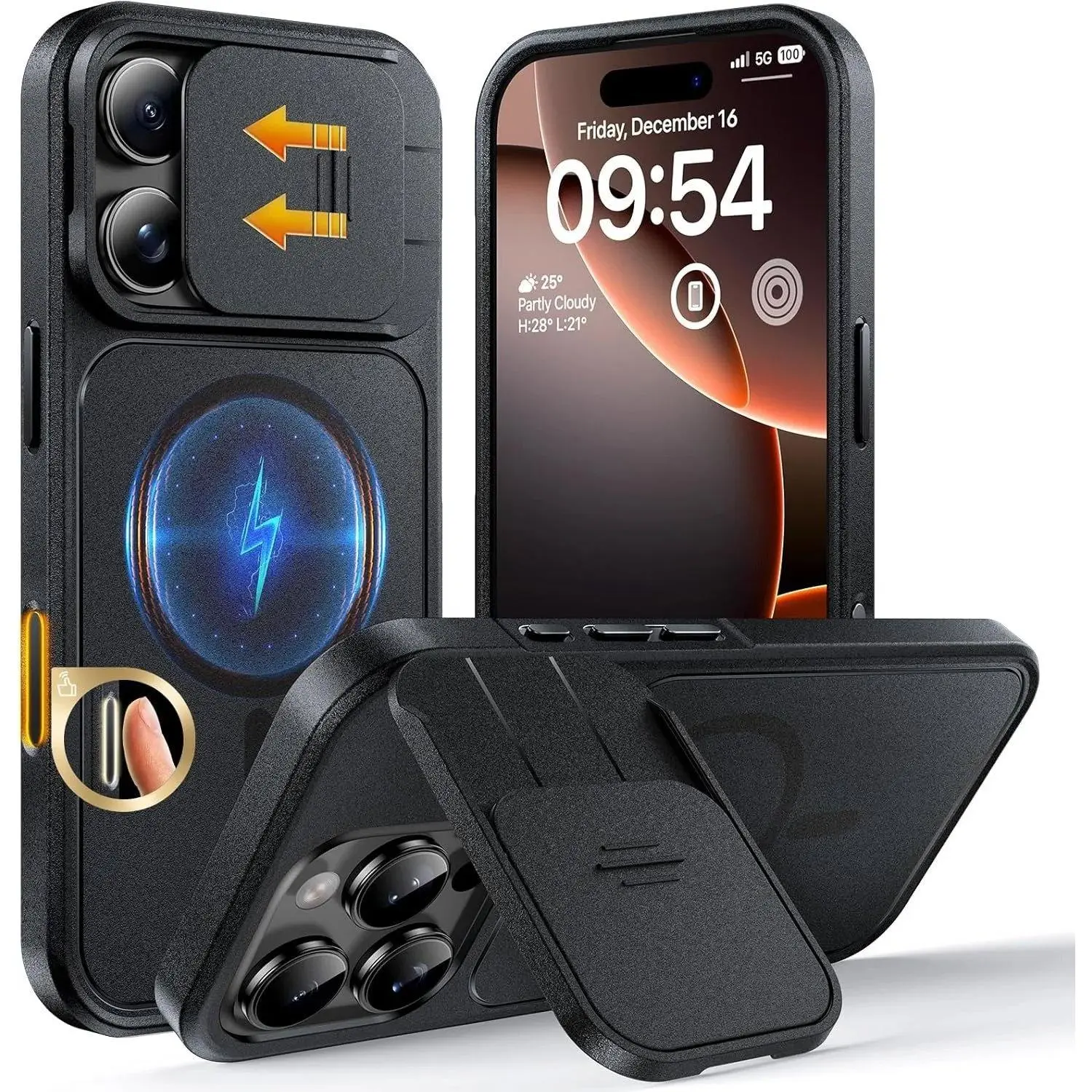 Rugged Solid Black Protective Phone Case Accessories for iPhone 16 Pro Max - Magnetic MagSafe-Compatible, Shockproof, Drop Tested, Non-Slip, Honeycomb Structure, Slide Camera Shield, Kickstand, Camera Control Button
