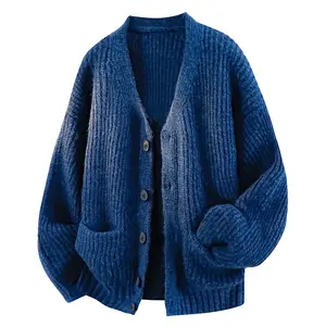 Men’s solid-color vintage cardigan sweater for spring—relaxed fit, soft and supple knit outerwear; stylish, versatile, simple, and comfortable.