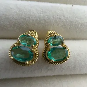 <PingEast jewelry > Emerald earrings ——925 Sterling Silver Gold-Tone Gourd-Shaped Earrings Set with Pure, High-Fluorescence Natural Colombian Emeralds, with Certificate