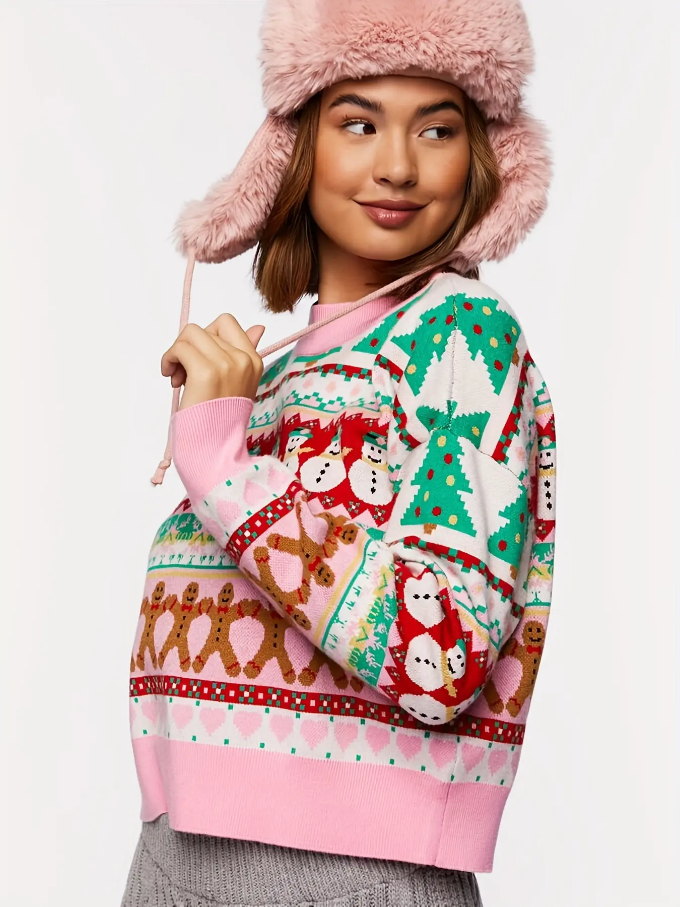 ZAFUL Women's Christmas Snowflake Reindeer Knitted Sweater Long Sleeve Crew Neck Heart Animal Print Pullover Knitwear