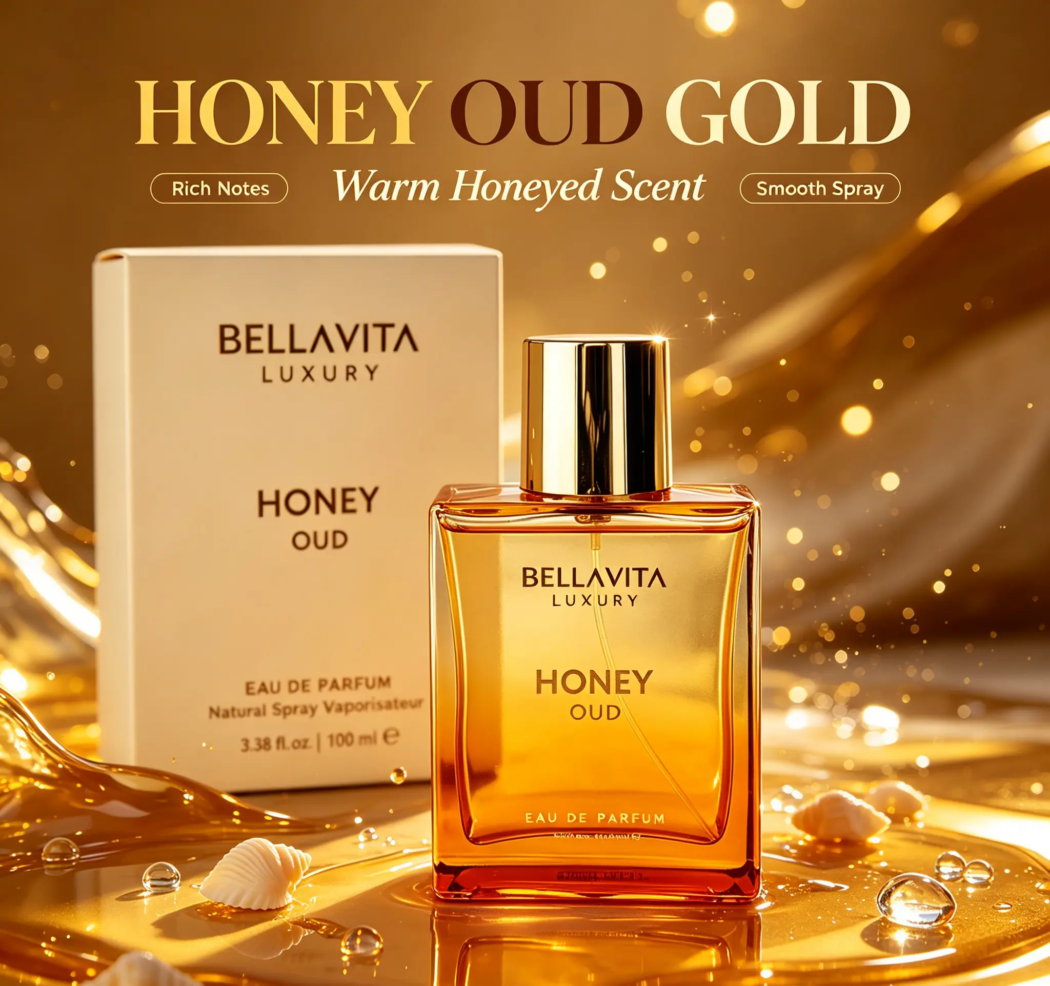 Bellavita Luxury Honey Oud EDP, 3.38 fl oz | Warm Honey-Woody Unisex Women's Fragrance, Vegan Cruelty-Free Perfume with Bergamot, Patchouli, Vanilla, Long-Wear Scent