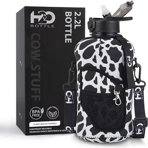 Half Gallon Water Bottle 2.2L with Cow Print Sleeve & Straw – Reusable Plastic Tumbler Mug for Stylish Drinkware