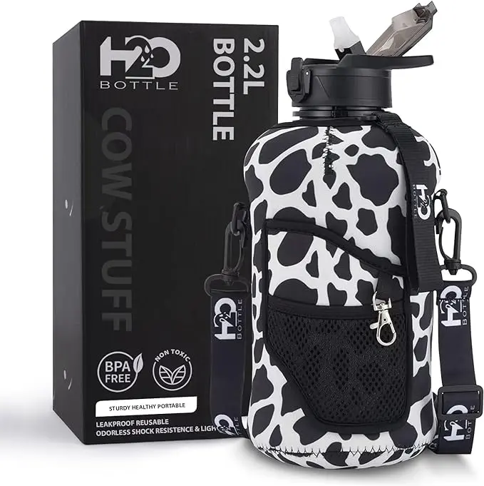 Half Gallon Water Bottle 2.2L with Cow Print Sleeve & Straw – Reusable Plastic Tumbler Mug for Stylish Drinkware