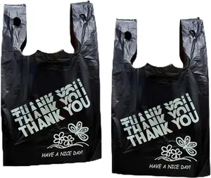 Black Thank you bags, HEAVY DUTY 22MIC bags, Black Plastic Bags with handle, Grocery shopping bag Reusable and Disposable Supermarket Bag 11''x6''x21'' (400PCS)