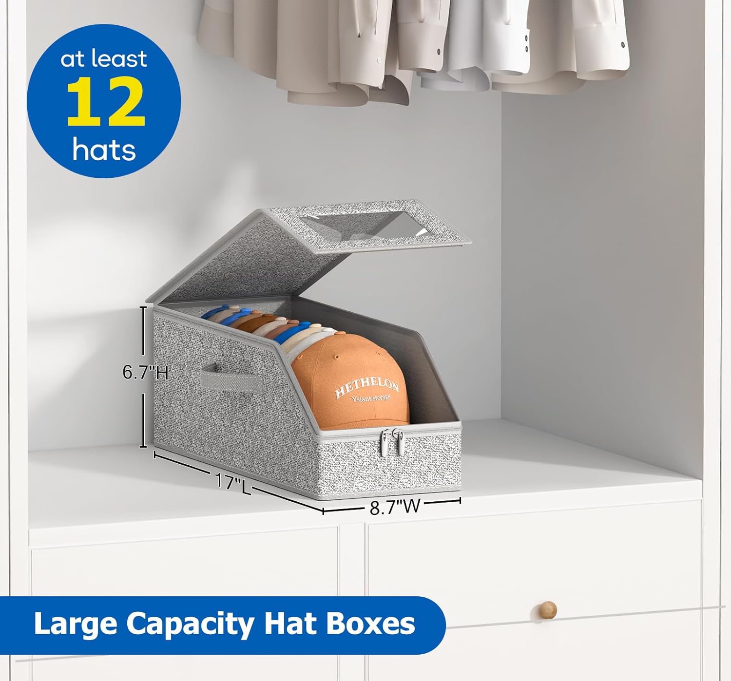 Hat Organizer for Baseball Caps Grey Storage Holder Container Holds Up to 12 Caps with Clear Window for Closet Organization