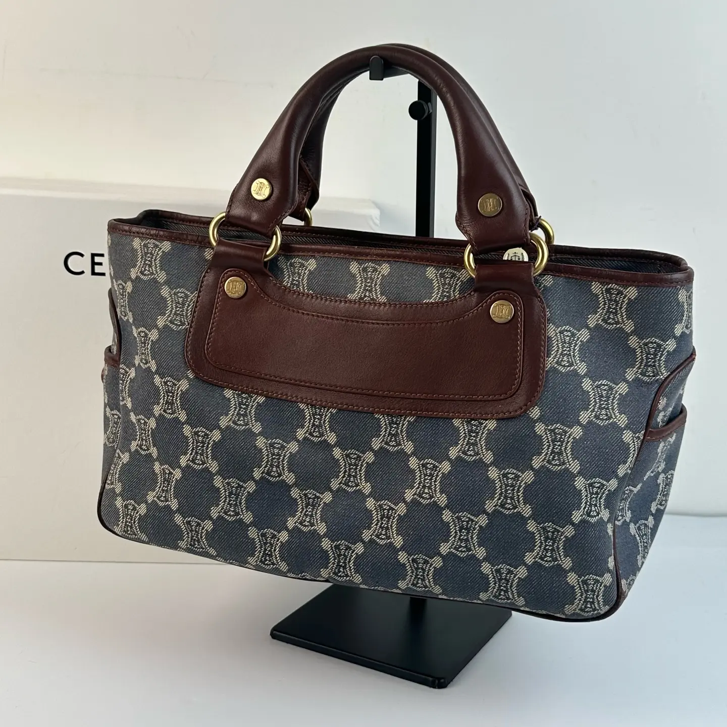 Pre-owned Celine Vintage Triomphe Denim Canvas & Brown Leather Handbag Tote