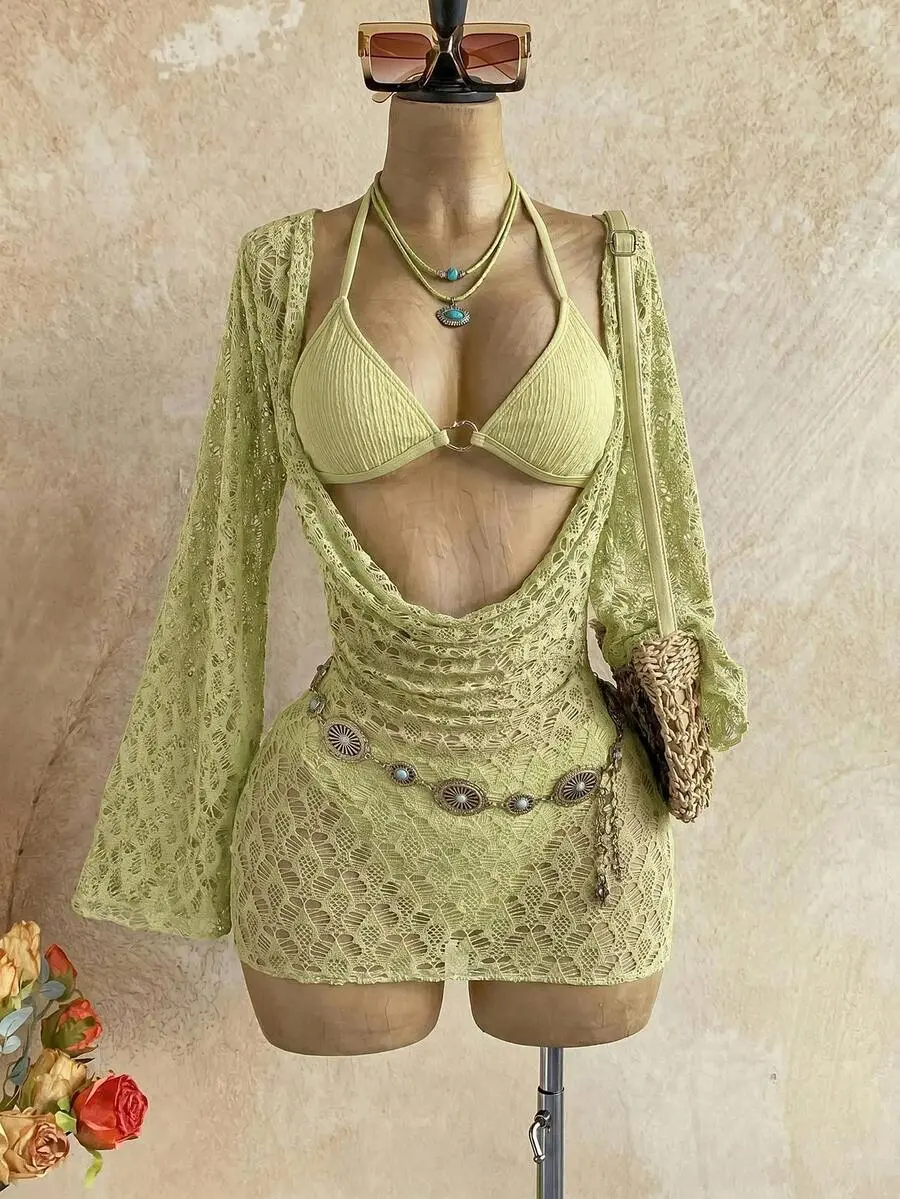 DAMIKA 3-Piece Sexy Bikini Swimsuit With Light Green Mesh Cover-Up Skirt, Fashionable Sexy Swimwear Bathing Suit For Women