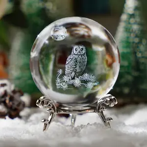 3D Carved Crystal Ball Owl, Handmade Glass Animal Figurine, Metal Base, Classic Christmas Gift, Home Decor, No Power Needed