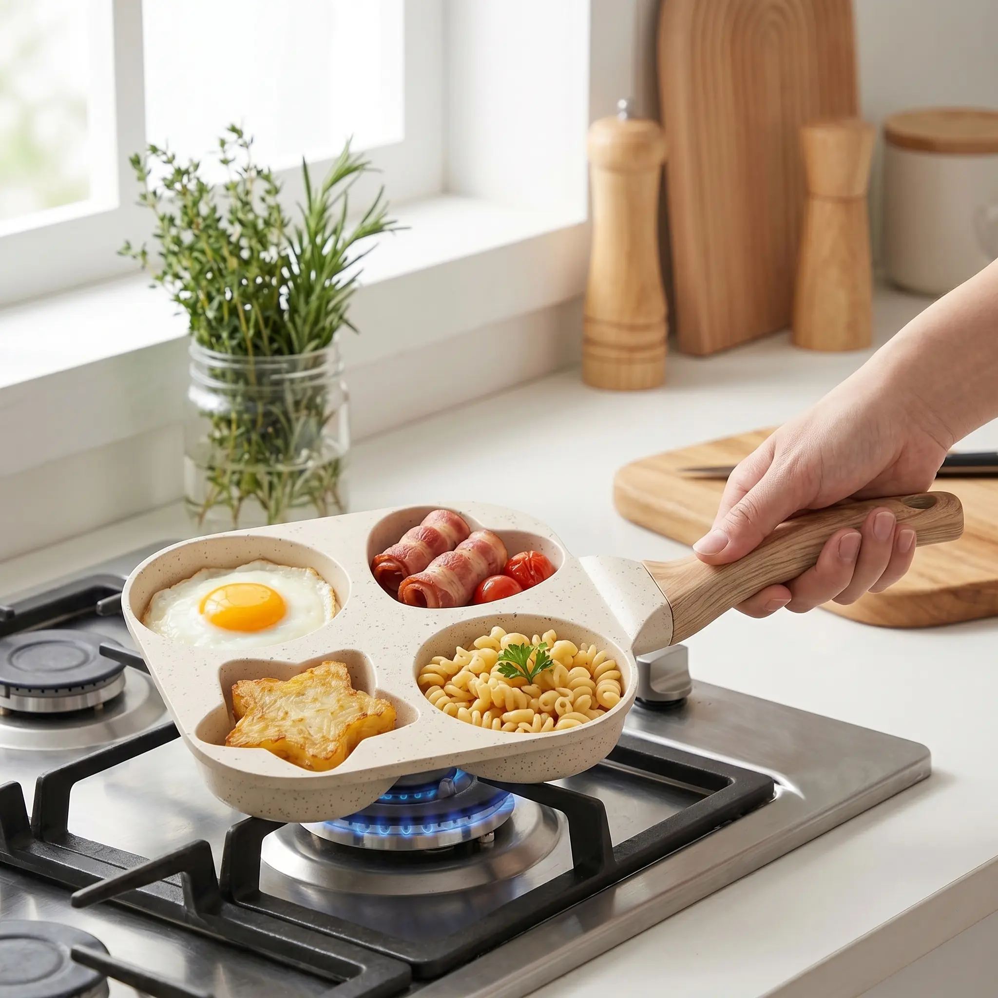 4-Cavity Premium Non-Stick Restaurant-Grade Marble Coating Aluminum Alloy Omelette Pan - Cookware with Heart+Star Molds, Cool-Touch Handle, Natural Wood Accent, Even Cook, Ideal for Busy American Households, Brunch, All Stoves