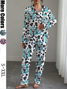 Women's Fall Winter Pajama Set Loungewear, Cow Print Shirt Collar Button Front Long Sleeve Top & Elastic Pants, Soft Stretchy Fabric