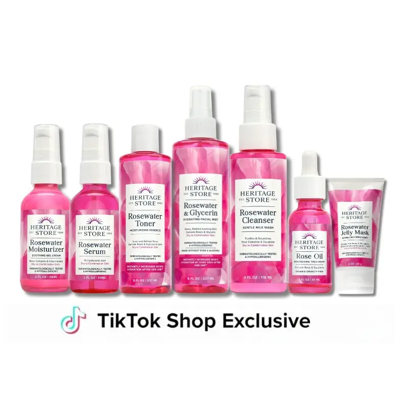 HERITAGE STORE Rosewater Radiance Gift Set, Hydrating Daily Routine with Hyaluronic Acid Serum for Dewy, Smooth Skin - For Dry & Combination Skin, Makeup Prep, Cleanser, Lightweight, Moisturize, Soothing