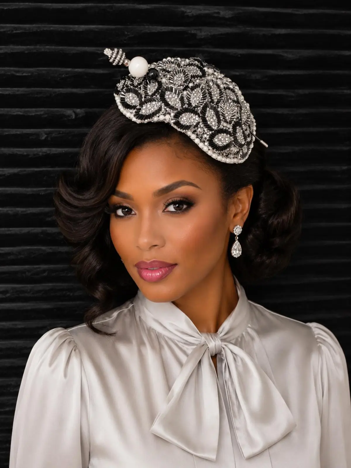 Luxury Black and Silver Beaded Fascinator Hat – Elegant Church Hat, Derby Headpiece, Wedding & Special Occasion Accessory