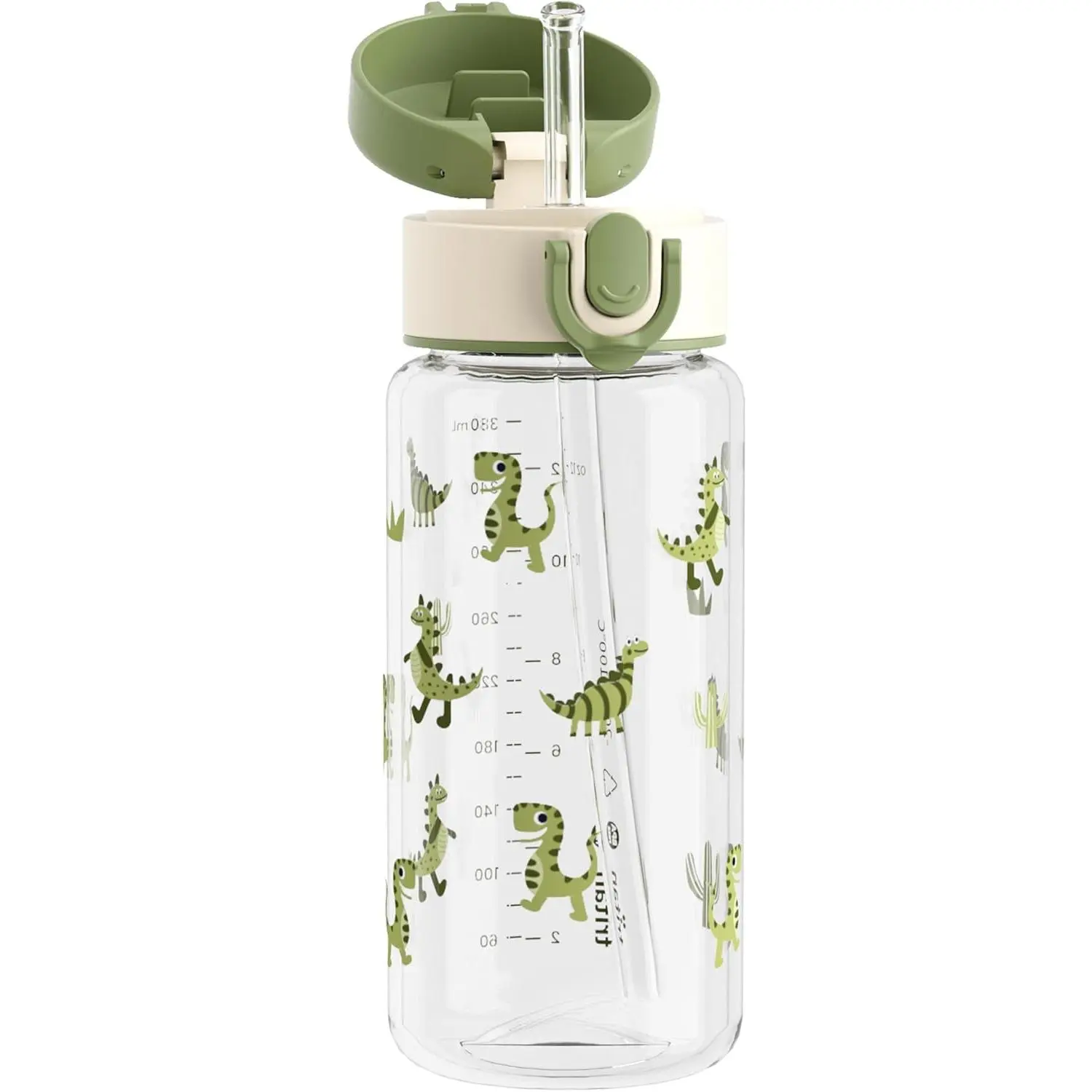 BPA-Free Tritan Plastic Green Dino Kids Water Bottle - 13oz Solid Portable Leak-Proof School Bottled Tumbler with Straw Cap, Lightweight Durable Washable Kitchenware Drinkware