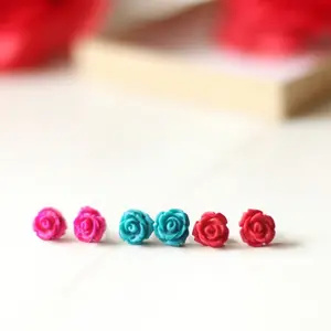 Rose Earrings Pack of 3 Polymer Clay and Stainless Steel with Colorful Design