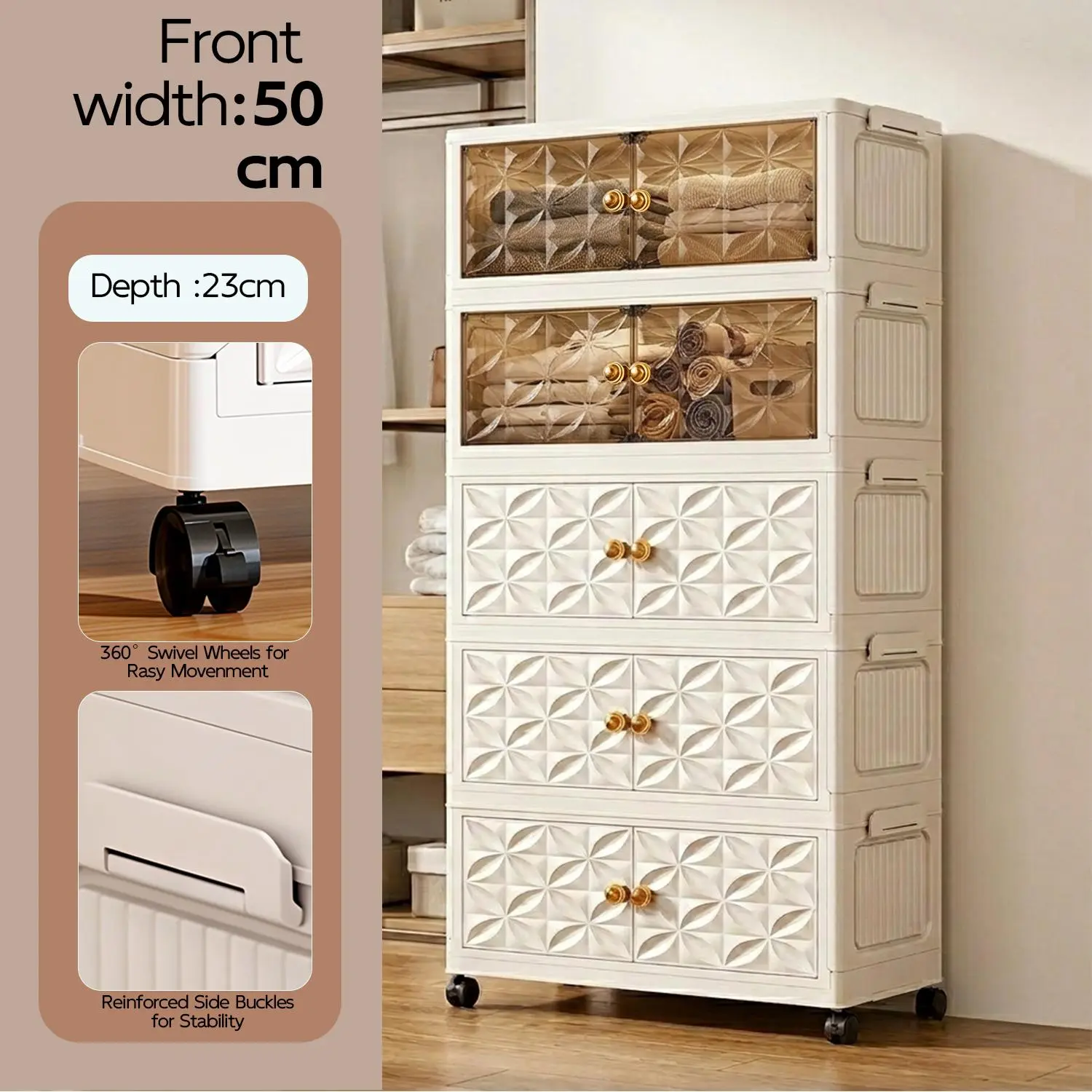 3/5 Tier Rolling Storage Cabinet with Clear Doors, Mobile Drawer Organizer with Wheels, Space Saving Bathroom Cabinet for Small Spaces, Kitchen & Bedroom Home Organization