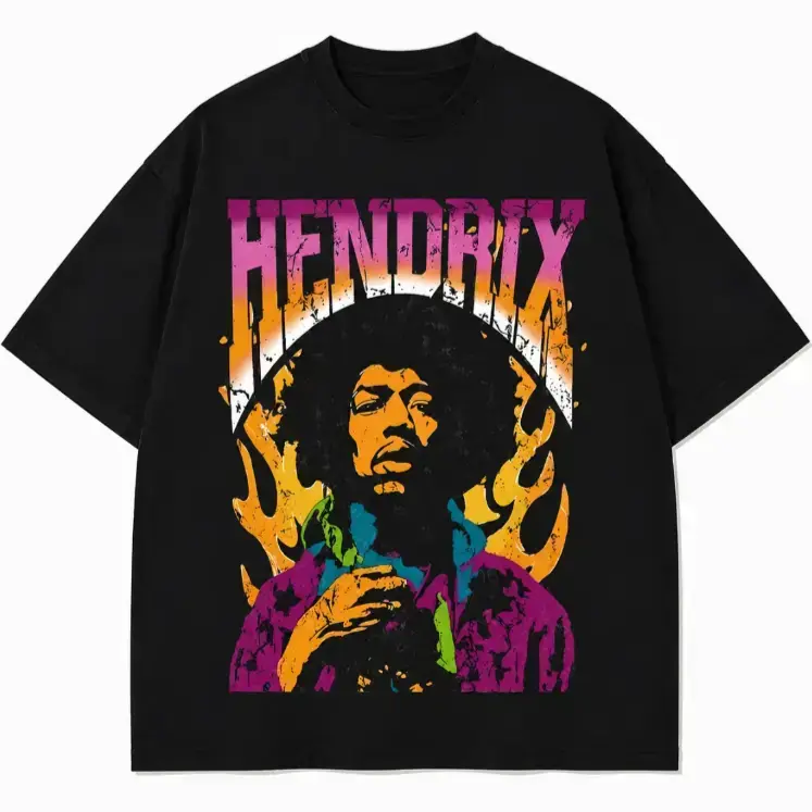 Women's Oversized Thick Short-Sleeve T-Shirt - Jimi Hendrix Vintage Bold Print, Loose Fit, All-Seasons, Breathable, Machine Wash, Medium Length, Casual Streetwear Rock Style, American Fashion, Father's Day Gift, Camping Essential