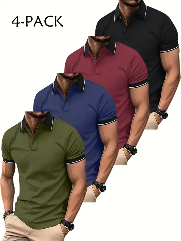 Men's 4-piece high-end polo shirt set - button collar, the fabric is slightly elastic, suitable for summer tops, work clothes, dress shirts - short-sleeved Dalesan digitalis knitted men's tropical elastic polyester casual single-layer paperback. Short Sle