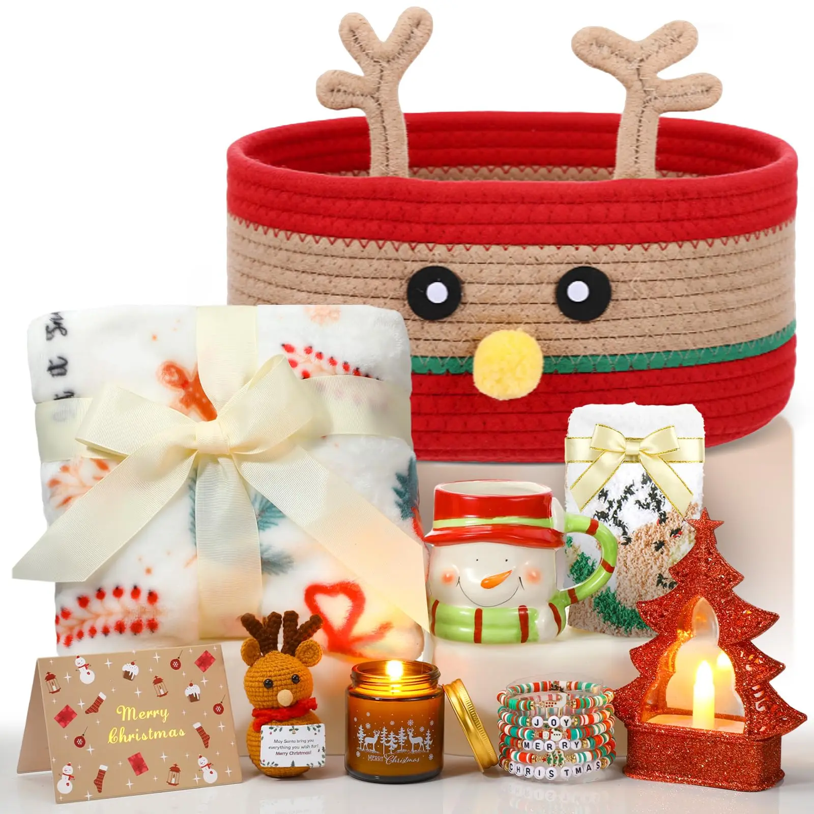 Christmas Gifts Set for Women Christmas Gifts Basket with Blankets Santa Burr Basket Coffee Mug Xmas Lighted Tabletop Tree, Merry Xmas Gift for Mom Coworker Friend Wife Sister