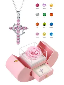 Women's Cz Birthstone Crown Cross Necklace Set, Apple Rose Jewelry Gift Box, Colorful Fashion Pendant Chain, Christian Faith Gifts