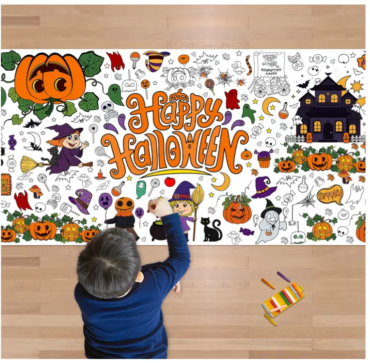 Halloween Giant Coloring Poster/Tablecloth-Halloween Crafts for Kids-30 x 72 Inches Jumbo Paper Coloring Banner Gifts for Kids Activities Games Toys Party Favors- Halloween Decorations Geometric Paint