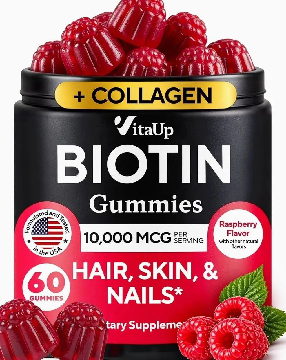 Biotin Gummies 10000mcg for Women and Men - Extra Strength Hair, Skin and Nails Gummies with Collagen - Natural Biotin Gummy Supplement for Hair, Skin, Nails Support - 60 ct
