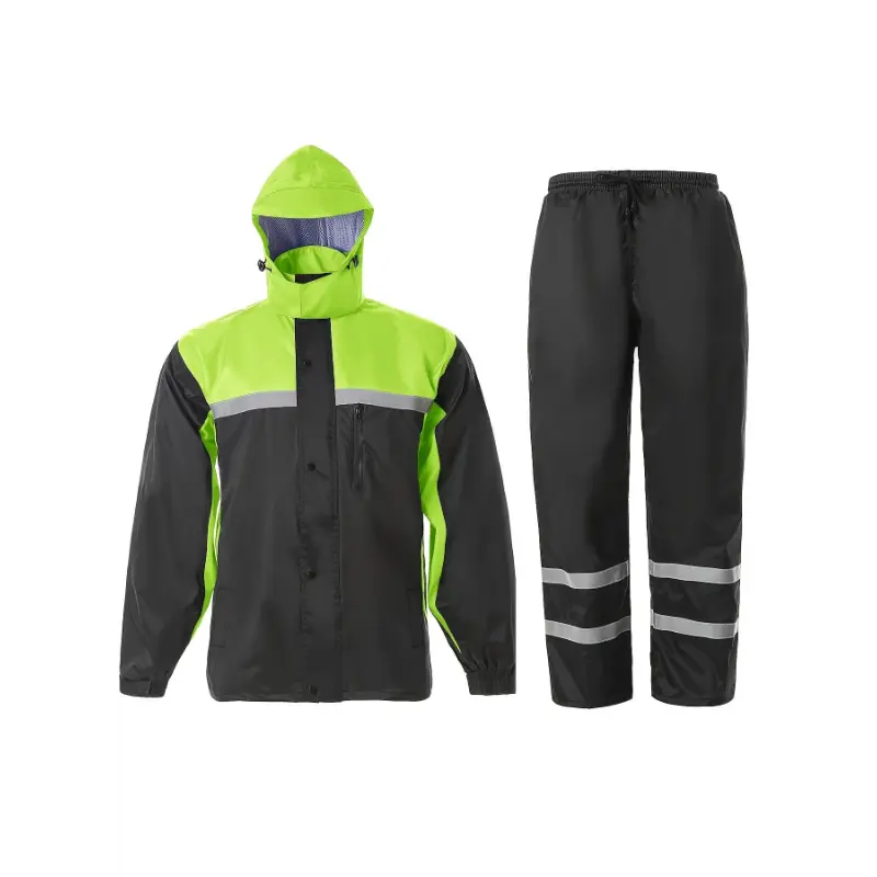 Men's Solid Color Woven Full Body Cover Work Rainwear Set - Loose-Fit Hooded Jacket & Pants, Rainproof, High Visibility Reflective Stripes, HW294676 for Outdoor Work, Polyester, Waterproof Raincoat, 100% Polyester