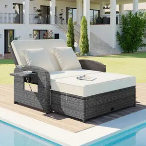 2-Person PE Wicker Rattan Double Chaise Lounge,Reclining Daybed with Adjustable Back and Cushions and Furniture Protection Cover,Weatherproof Garden Patio Sofa for Poolside,Storage-Saving,White