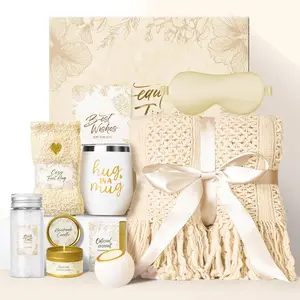 Self Care Gift Set with Knitted Fringe Throw Blanket - Unisex Eye-Catching Care Package for Mom, Ideal for Mother’s Day, Get Well Soon & Birthday Gifting