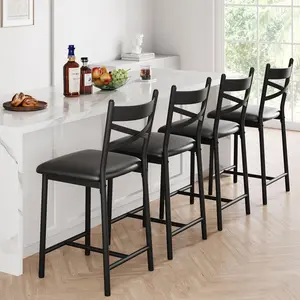 Metal Dining Chairs Set of 4,Counter Height Bar Stools and Thick Cushion PU Leather Restaurant Dining Room Chairs with Waterproof Surface,Black