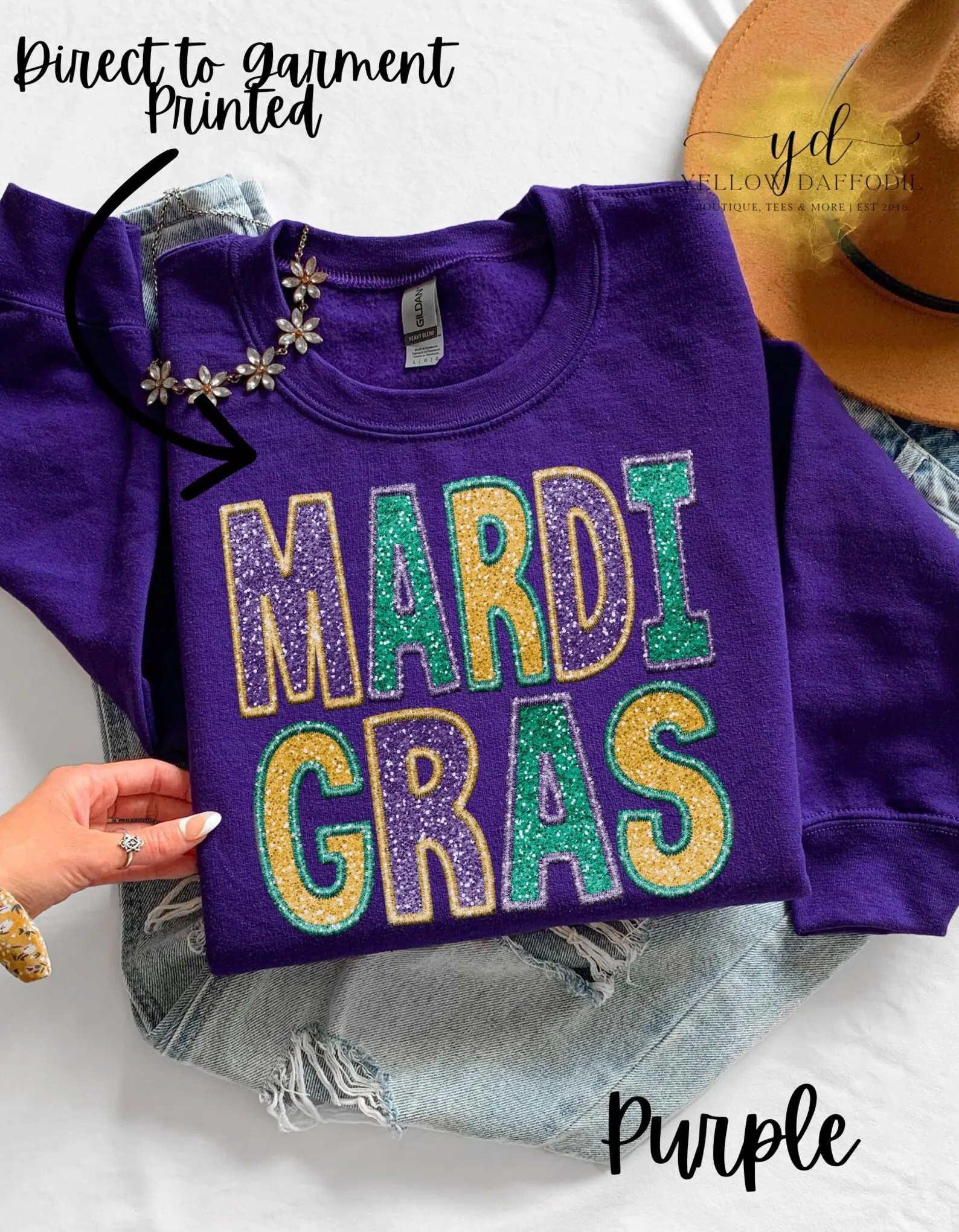 Laissez Les Bon Temps Rouler Mardi Gras Sweatshirt Purple Gildan Crewneck Direct to Garment Printed FAUX Embroidered & Sequin Designs Unisex DTG Printed
