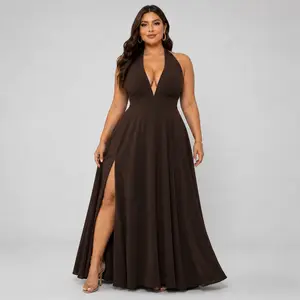 Plus Size Halter Maxi Dress for Women Sexy Deep V Neck Slit Long Dress Curvy Summer Vacation Outfit Elegant Backless Evening Party Dress