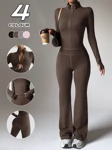 Women's High Stretch Quick-Dry Breathable Long Sleeve Top and Wide Leg Pants Set, Sporty Plain Design, All Seasons Wear