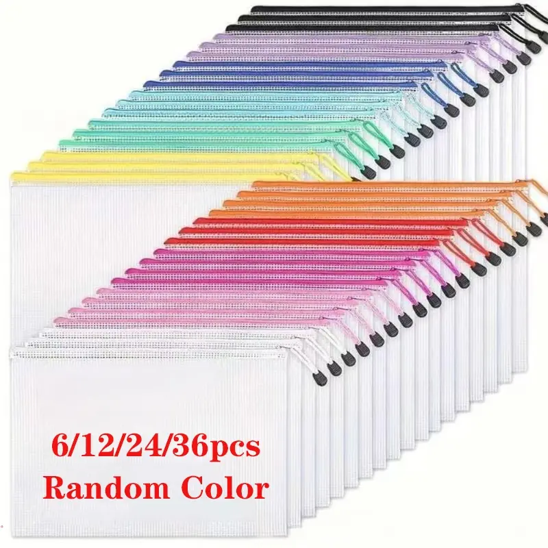 6/12/24/36pcs/set Mesh Zipper Pouch Bags File Zipper Bag A4 Size Board Game Storage Plastic Multiple Colors Letter Size Puzzle Organizer, Stationery Storage Organizer and Office Supplies