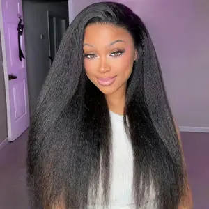 Kinky Straight Black Color Hair Frontal Lace Replacement Wigs Yaki Straight For Fashion Women Lace Front Wigs Glueless Afo Kinky Straight Wig Pre Plucked Natural Hairline 26 Inch Heat Resistant Soft Fiber Begineer Friendly