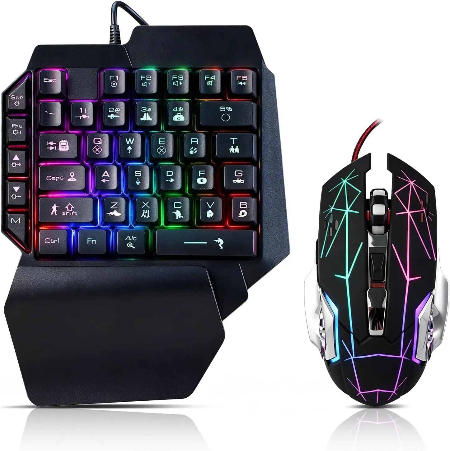Guiheng Wired One Handed Gaming Keyboard and Mouse Combo with Rainbow LED Backlit 39 Keys Portable Mini Gaming Keypad Ergonomic Game Controller for PC Gamer-Black