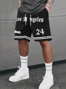 Men's Streetwear Basketball Shorts with Letter Graphics Striped Trim Elastic Drawstring Waist Breathable Fabric for All Day Wear