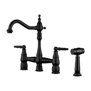 WOWOW Bridge Centerset Kitchen Sink Faucet with Side Sprayer, 2 Handle 4 Hole 360° Swivel Vintage Farmhouse Copper Faucet, Matte Black