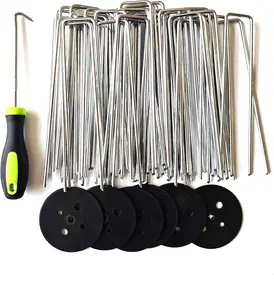 50 count 6 Inches Galvanized Landscape Staples, 50 count Gaskets and 1 Pick Hook, Heavy Duty Anti-Rust Garden Stakes for Weeds Barrier Sod Fabric Decorations Ground Cover