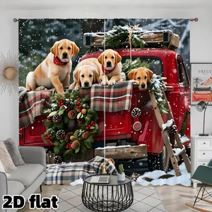 2D Flat 2Pcs Christmas Red Truck Labrador Puppy Print Curtains, Holiday Winter Snow Scene, Rod Pocket Design, Semi Sunshade Polyester Material, Perfect for Living Room Bedroom Kitchen Window Decor, Festive Home Decoration