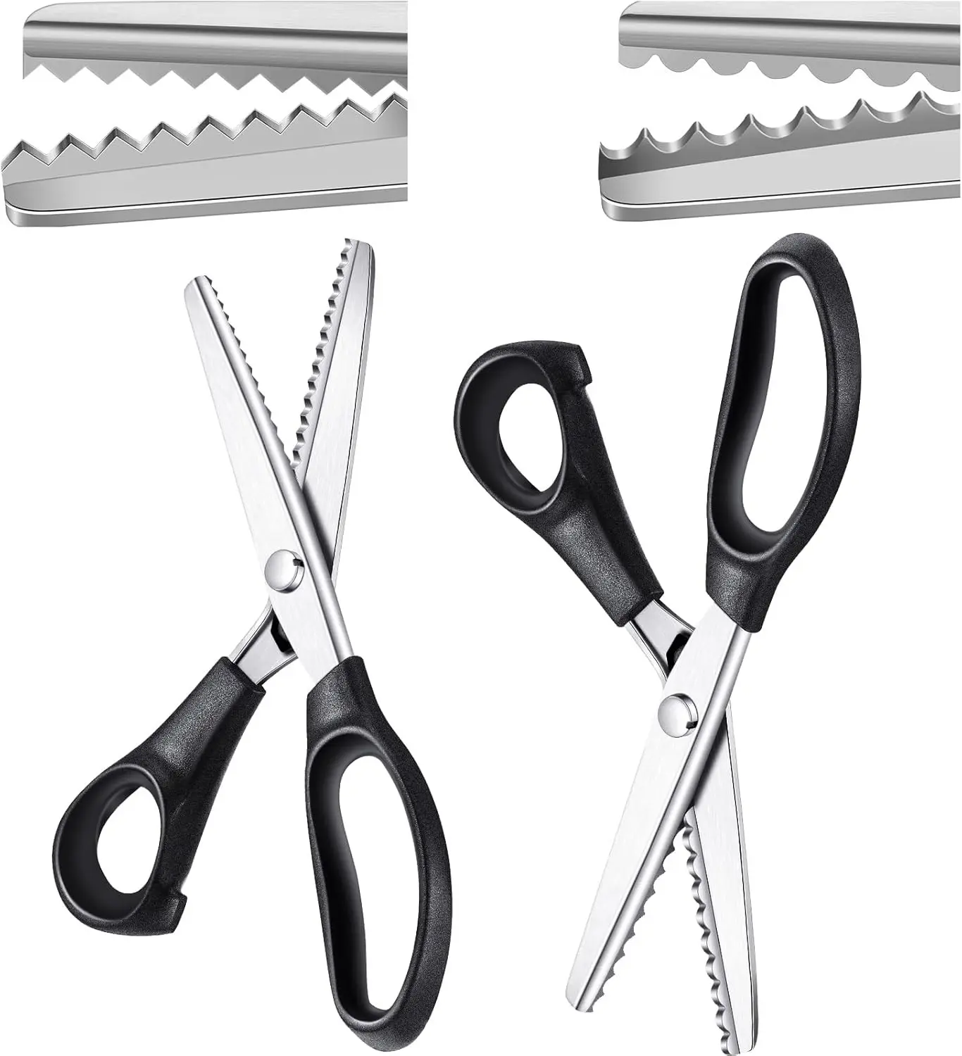 2 Pcs Pinking Shears Scissors for Fabric Cutting Scalloped 7mm, Serrated 5mm Felt Craft Scissors Zig Zag Cut Sewing 9.2" Handheld Jagged Dressmaking Supply for Leather Clothing Paper (Black)