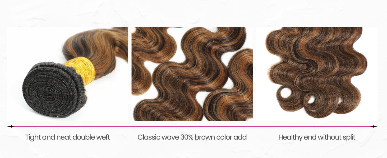 100% Brazilian Unprocessed Virgin Remy Human Hair F1b/30 Highlight Bundles, Modern Body Wave, Black-Brown Ombre, 12A Grade, 3 Sew-In Quick Weave Bundles, Soft & Thick, 14/16/18 in, Bonus Eyelashes & Headband, 100±2G Per Bundle