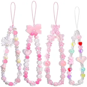 Z-PCS1  4 PCS Cute Phone Charms Aesthetic Y2K Cellphone Wrist Strap Bedazzling Bear Bow Butterfly Heart Star Flower Accessories Pink Beaded Anti-Theft Chain String for Bag Keychain Airpods Decor