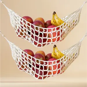 2-Pack Handmade Macrame Fruit Hammock with Hooks – Boho Hanging Veggie Banana Basket, Under Cabinet Storage Organizer, Space Saving for Kitchen, Home, RV, Boat (Ivory)